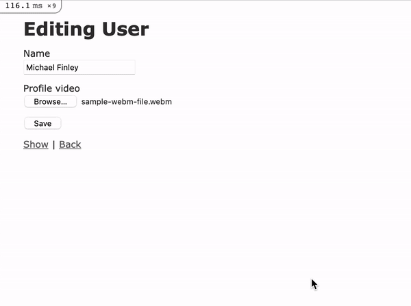 A screen recording of a user clicking a submit button, seeing a progress bar, and then progress text that counts up as a video converts. When finished, the text is replaced with the video element
