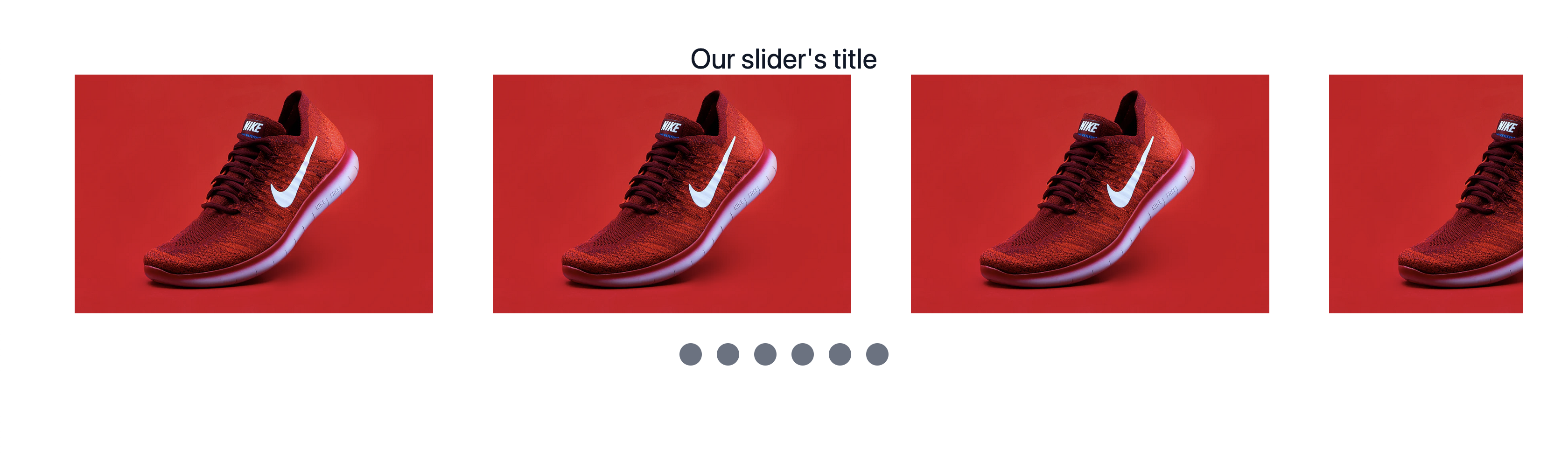 A screenshot of an image gallery of identical red shoes, with gray dots below