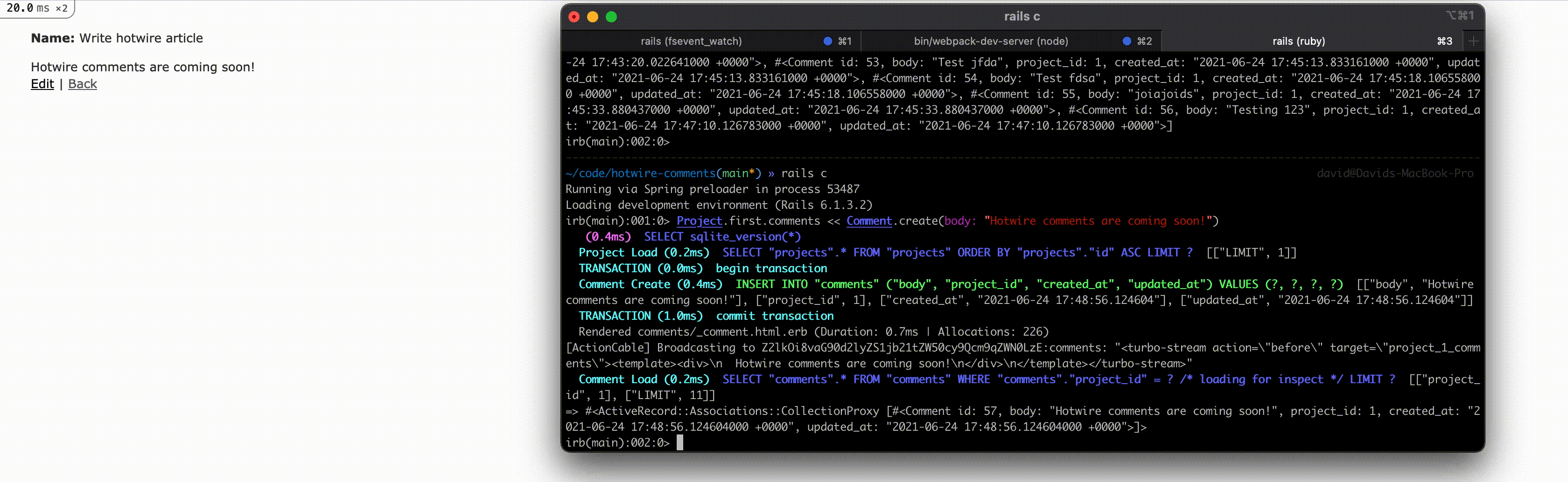 A screen recording of a user typing in a command in their terminal to add a comment. Next to the terminal, the user's web browser is open and the comment is added to the browser window after the command is run in the terminal