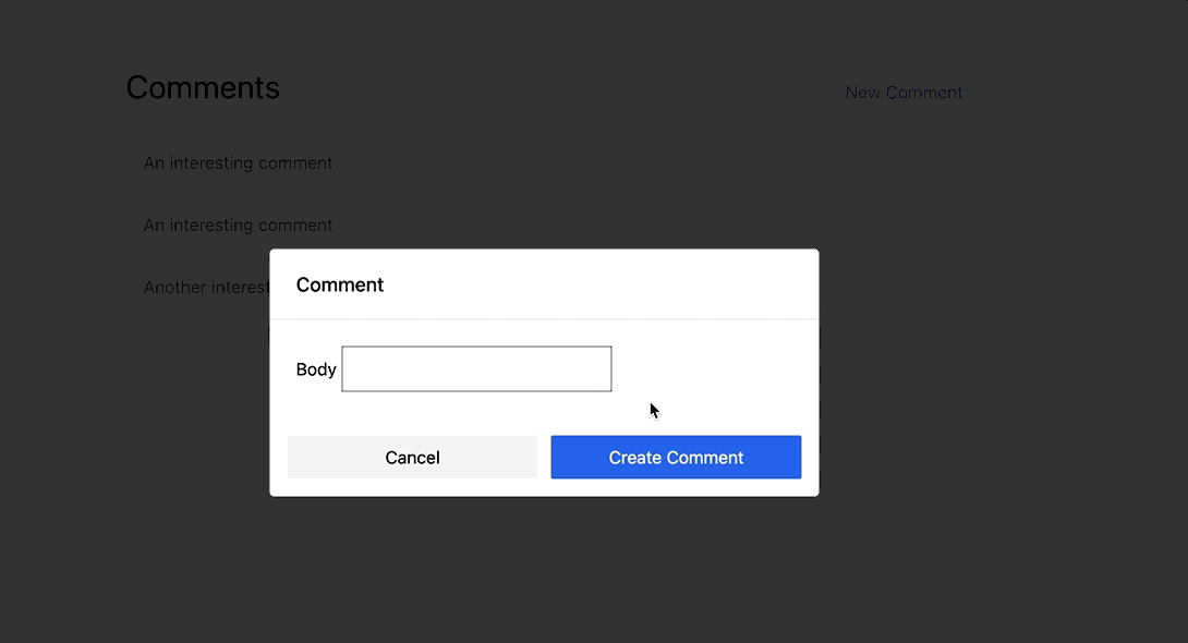 A screen recording of a user on a webpage clicking a link to create a comment, leaving the text input on the modal that opens blank and attempting to submit the form. The form updates with an error message informing the user that the input cannot be blank.