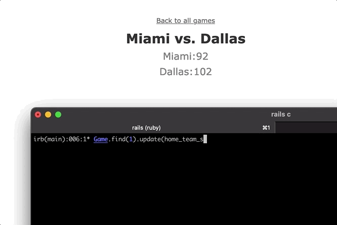 A screen recording of a user with a web page and a terminal window open. On the page are the scores for two teams, Miami and Dallas. The user types a command in the terminal to update the home team's score to 95 and, after the command runs, the score on the web page for Miami updates to 95.