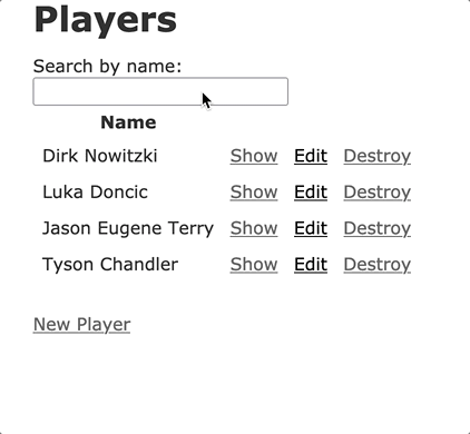 A screen recording of a user on a web page with a list of player names below a search text box. The user types 'Dirk' in the search box and the list of player names is automatically filtered based on the search term. The user clicks a clear search link and the list of players resets while the text box is cleared.