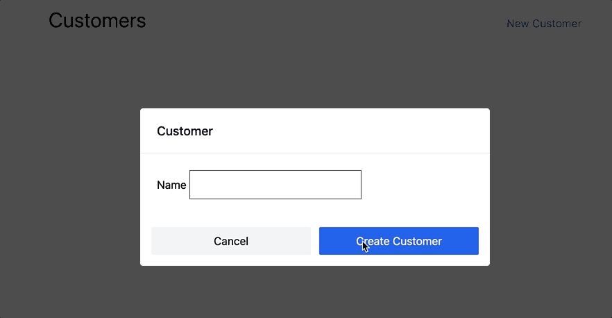 A screen recording of a web page. The user clicks a link on the page that reads New Customer and a modal opens. The user submits the form without typing anything in and the form updates with an error message that name is required