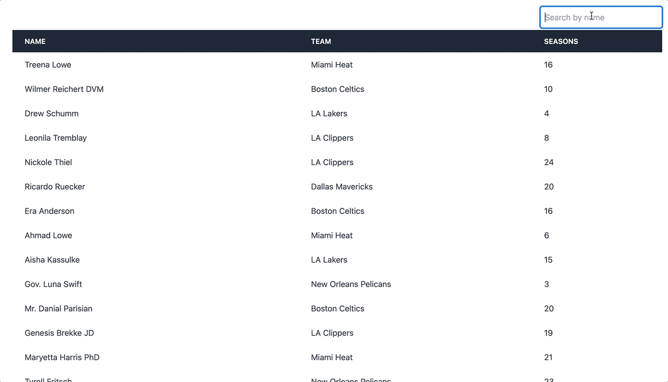 A screen recording of a user typing in a search form above a table with a list of players. When they finish typing the table updates based on their query and the search form they were typing is reset