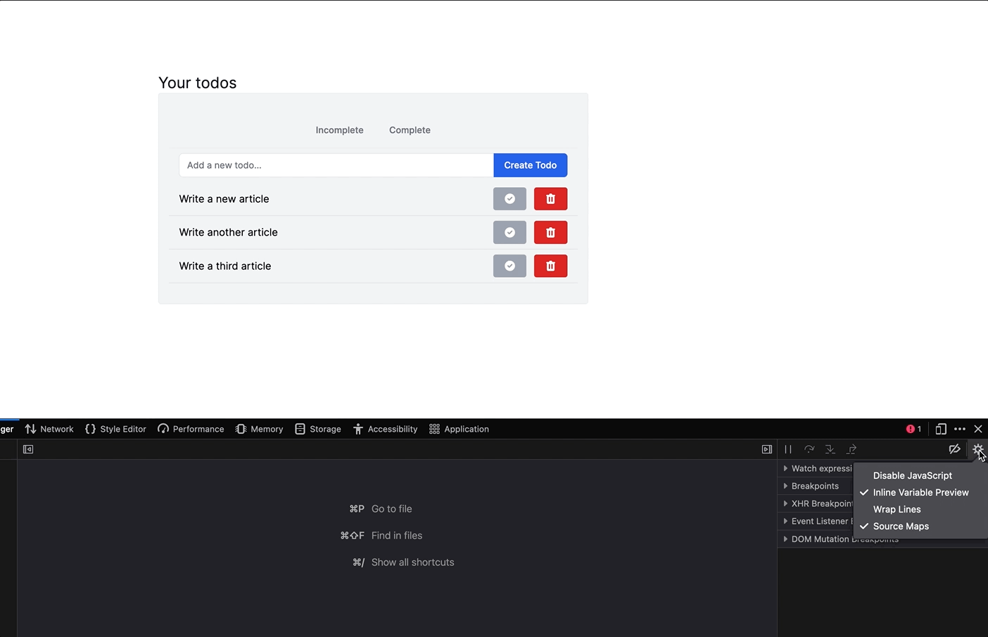 A screen recording of a user of a web application disabling JavaScript in their browser and then using the todo application without any issues