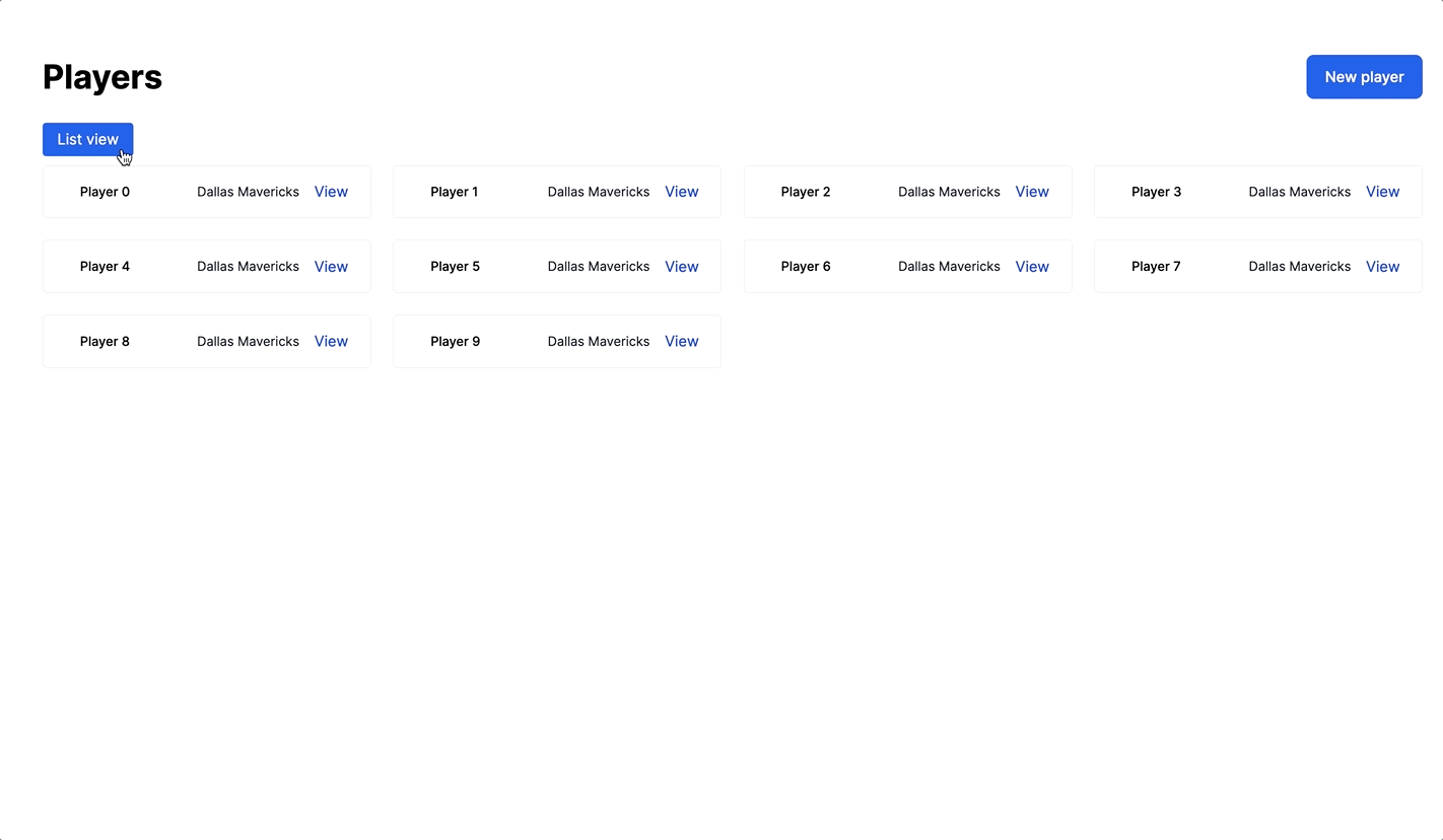 A screen recording of a user of a web application toggling a list of players between a card and a list-based layout and navigating into and back out of a player detail page. When they navigate back to the list page, the conent flashes from a list layout to a card-based layout.