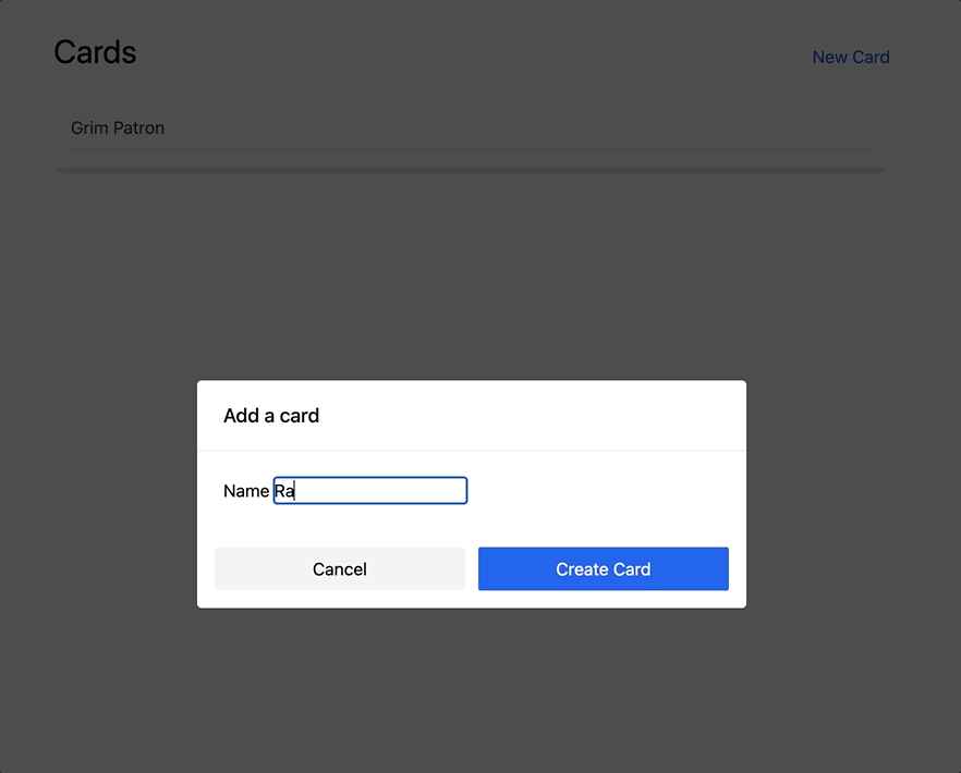 A screen recording of a user on a web page clicking a button to open a modal dialog window on the page. They fill in the sole text input on the form and submit the form. The modal dialog closes and the page beneath is updated with the record the user just created.