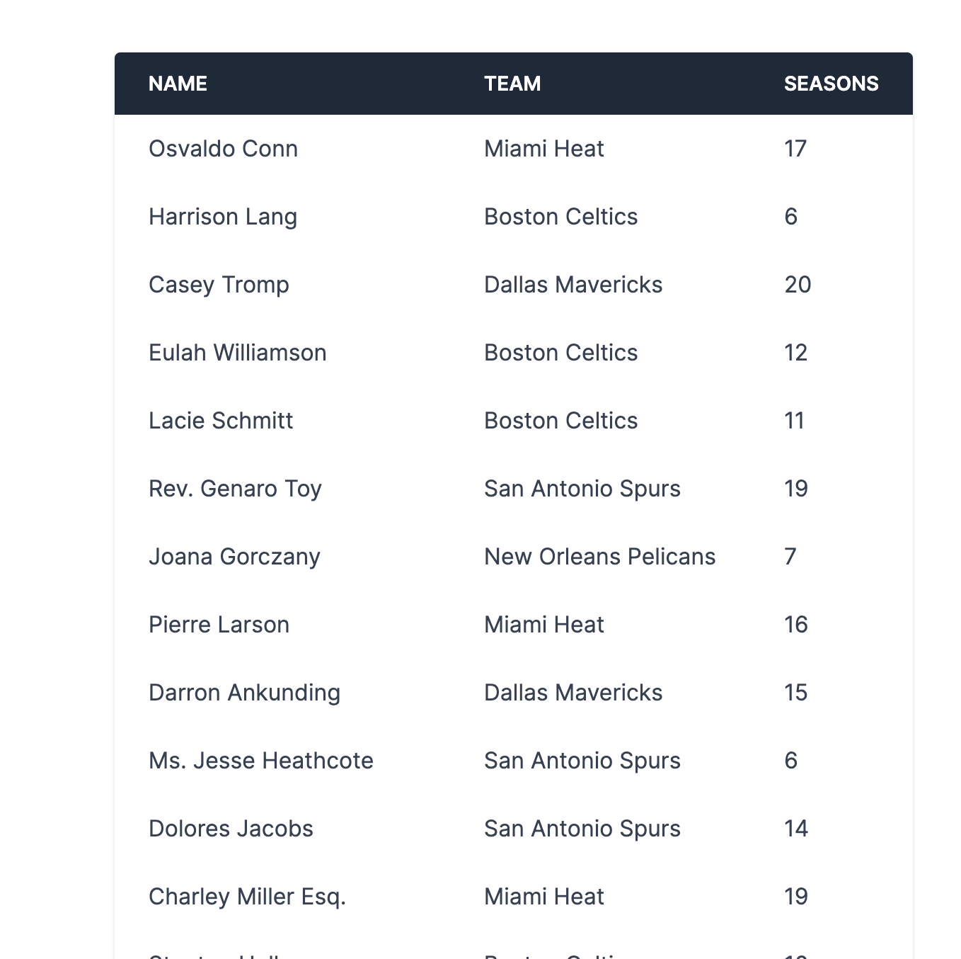 A screen shot of a website table layout, displaying a list of players with columns for player name, team, and number of seasons played.